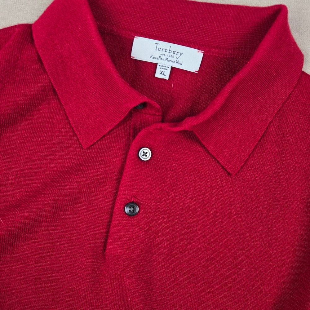 Turnbury Mens XL Red Extra Fine Merino Wool Long Sleeve 1/4 button Polo Sweater